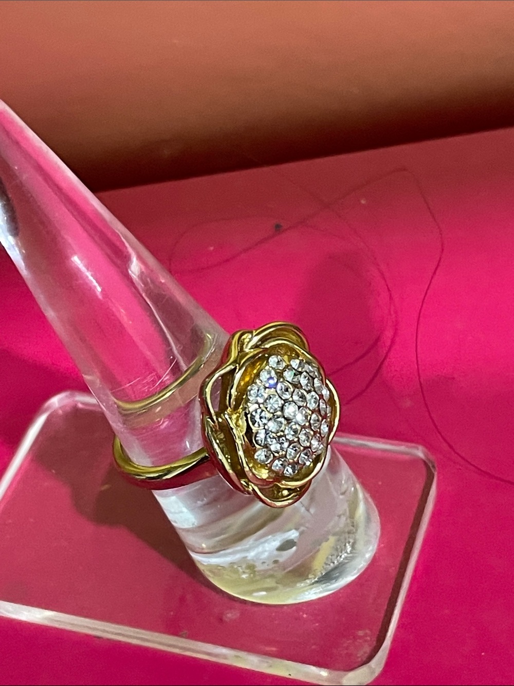 Gold-Tone Crystal Cluster Floral Ring - Pink